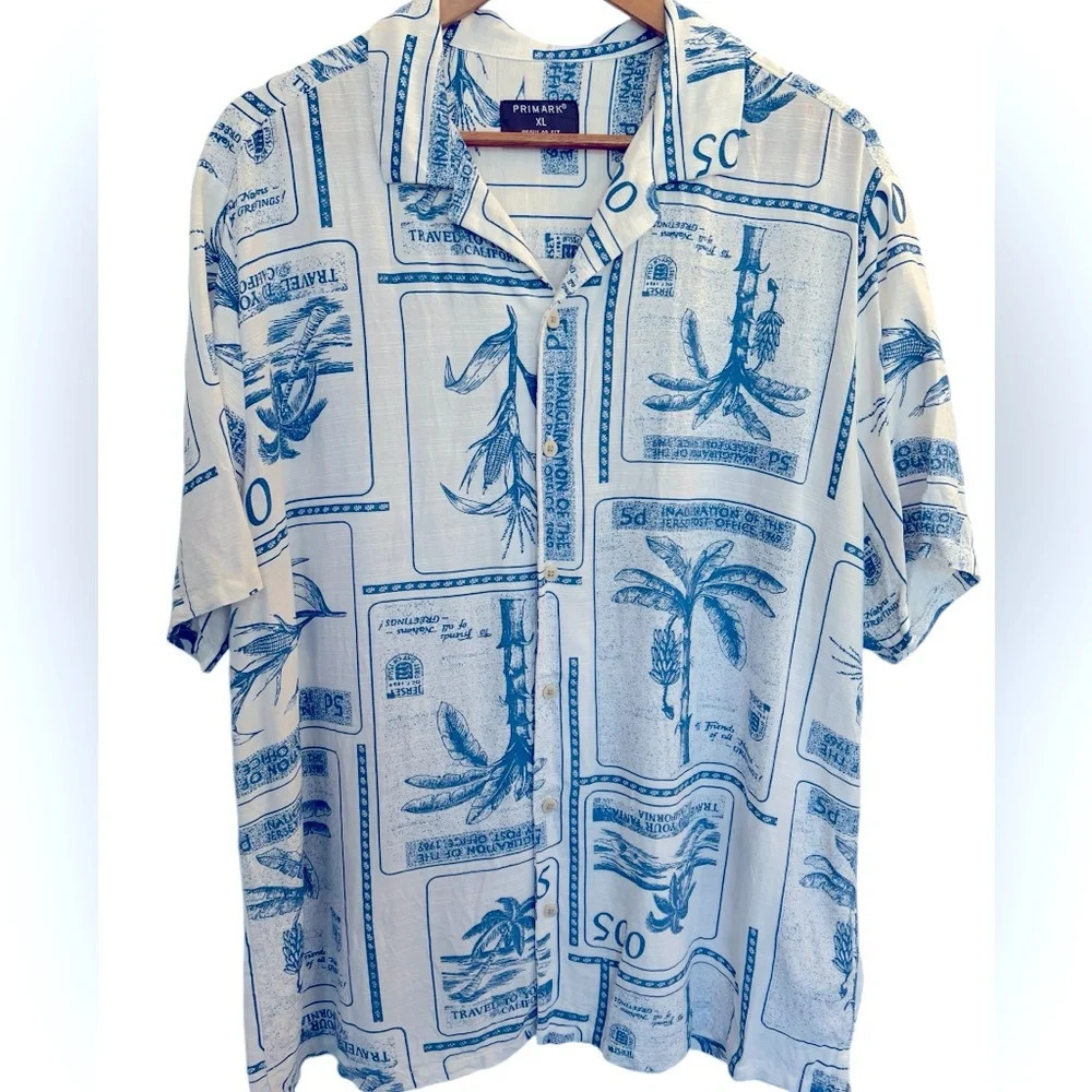 Primark Men’s Size XL Traveler Linen Blend Short Sleeve Blue and Beige Shirt